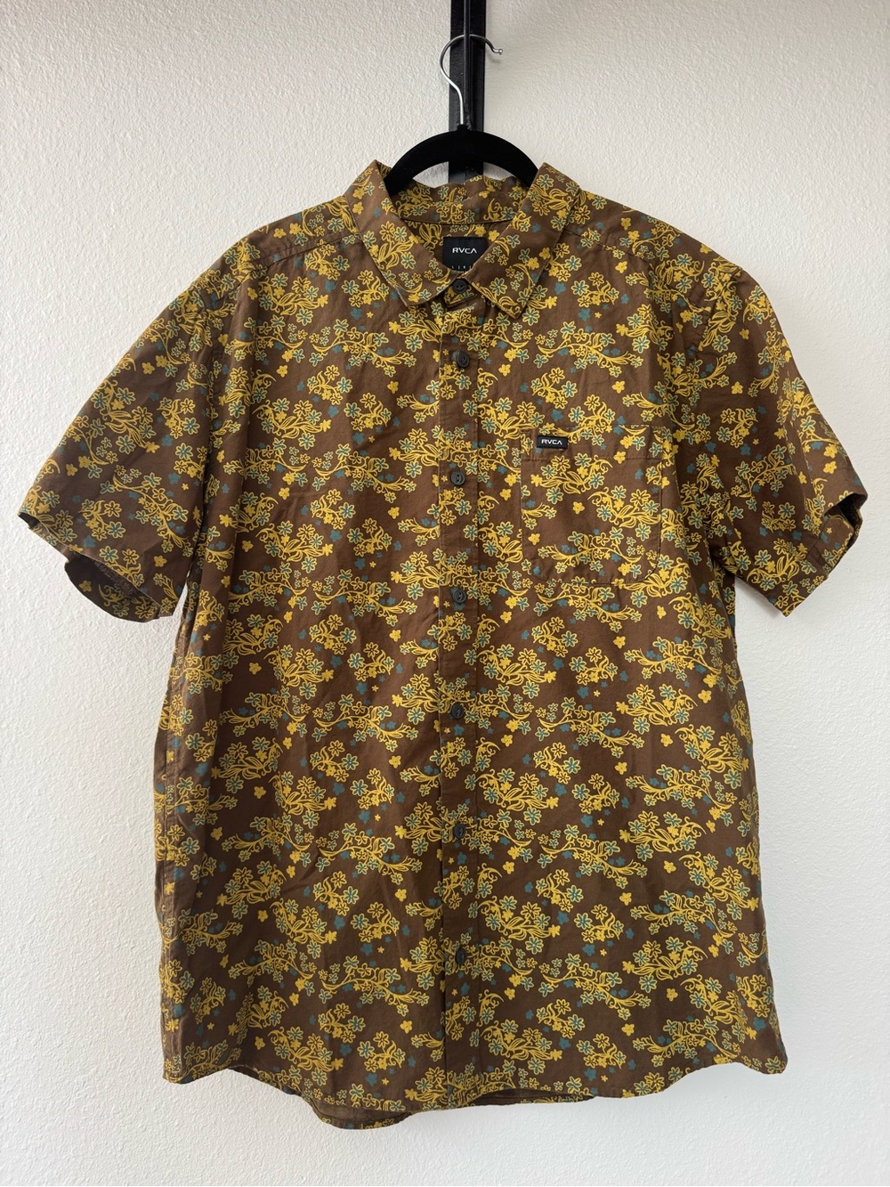 RVCA Brown Short-Sleeve Button-Up Shirt with Yellow Floral Print